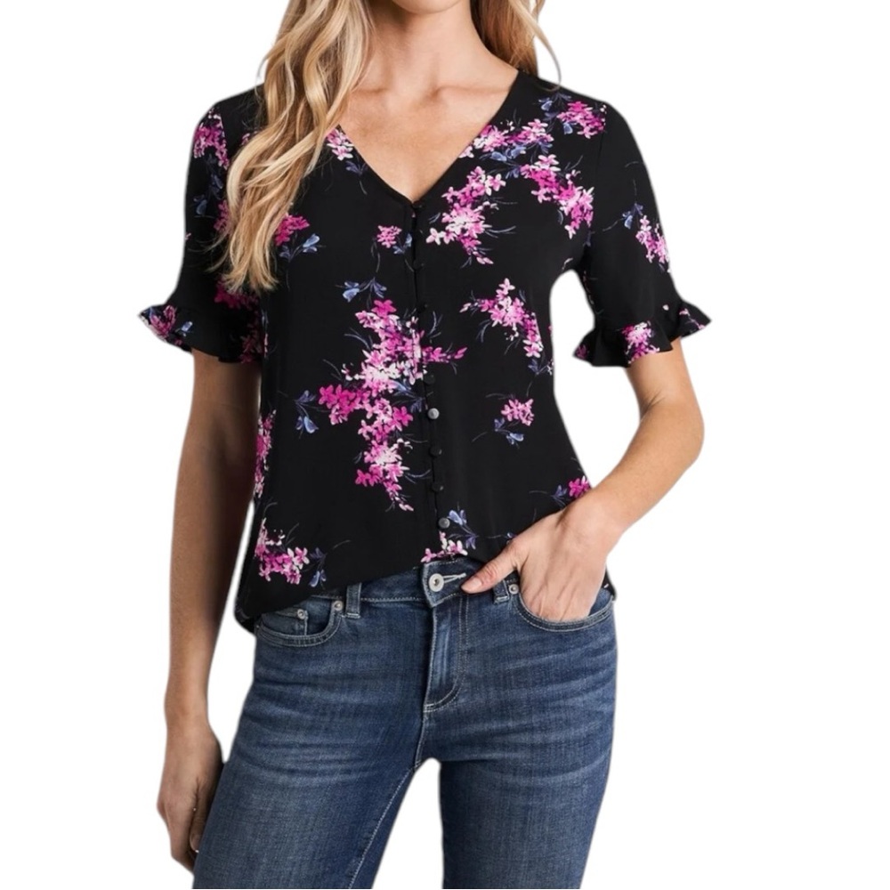 NEW CECE Womens Black Stretch Ruffled Textured Curved Hem Floral V Neck Top XS